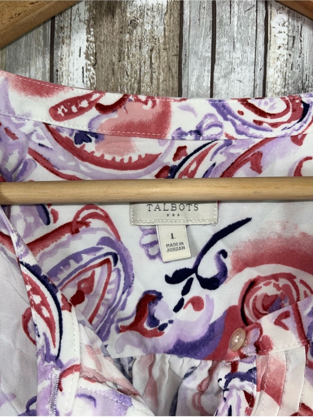 Talbots Large Watercolor Paisley Ruffle Button Front Blouse Pink Purple - Picture 5 of 6